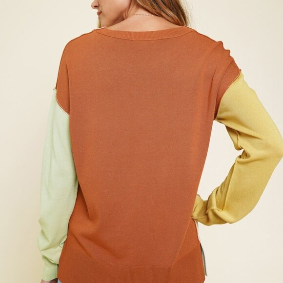 MYSTREE Color Block Knit Sweater, Cream Brown Yellow Green, Lightweight Pullover - Picture 7 of 8